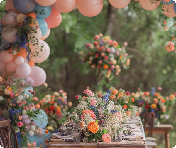 Elegant table setting with balloons and flowers