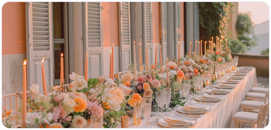 Elegant dining table with floral decorations and candles